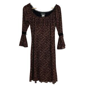 Vintage City Triangles Bell Sleeve Midi Dress M Brown Mesh Ditzy Floral Phoebe